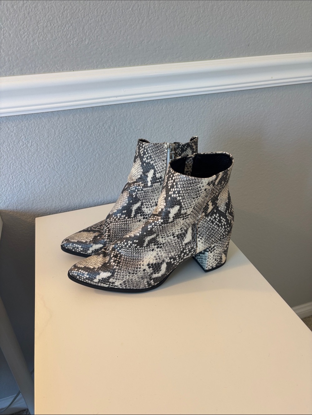 Python-Print Pointed Toe Ankle Boots in Black & White